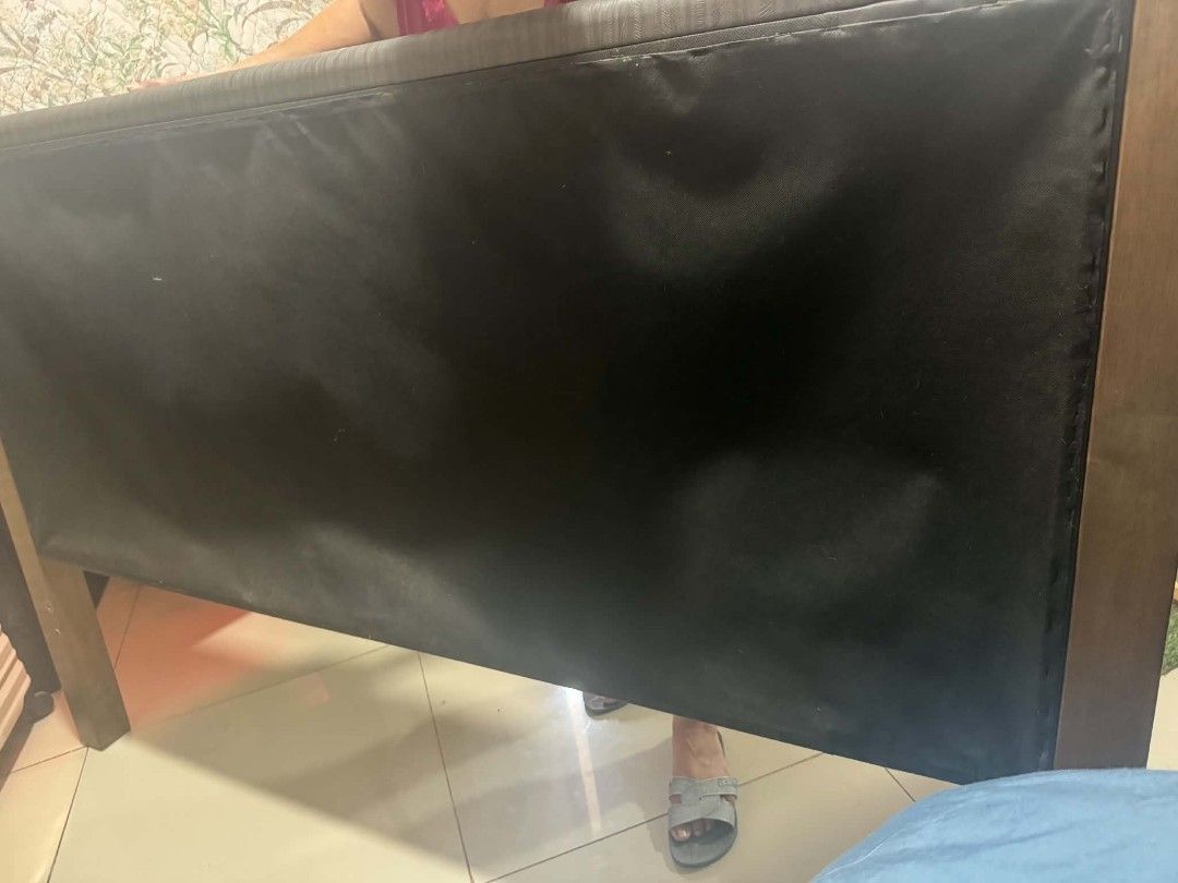 Wooden Headboard with Upholstered Panel HEAD BOARD (Category: Bed Frames & Mattresses) located in Manila. Submitted by whatalife. (Listing ID 1464597885, Image 2). Description: Wooden headboard with a dark grey upholstered panel. The frame is made of wood. The back is covered with black fabric. It has a modern design. Good for a queen or king size bed. Measures about 60 inches wide..