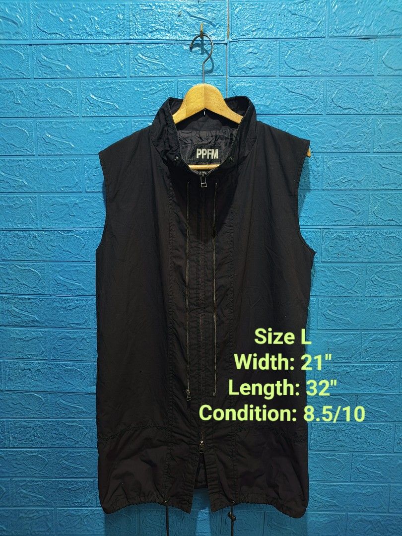 Y2k PPFM Black long vest (Category: Vests) located in Davao. Submitted by vndrgd (Listing ID 1464617798, Image 1). Description: - Black PPFM vest jacket - Size: L - Measurements: 21" width, 32" length - High-quality YKK zippers - Adjustable drawstring at the hem - Ideal for layering - Condition: 8.5/10 (Good).