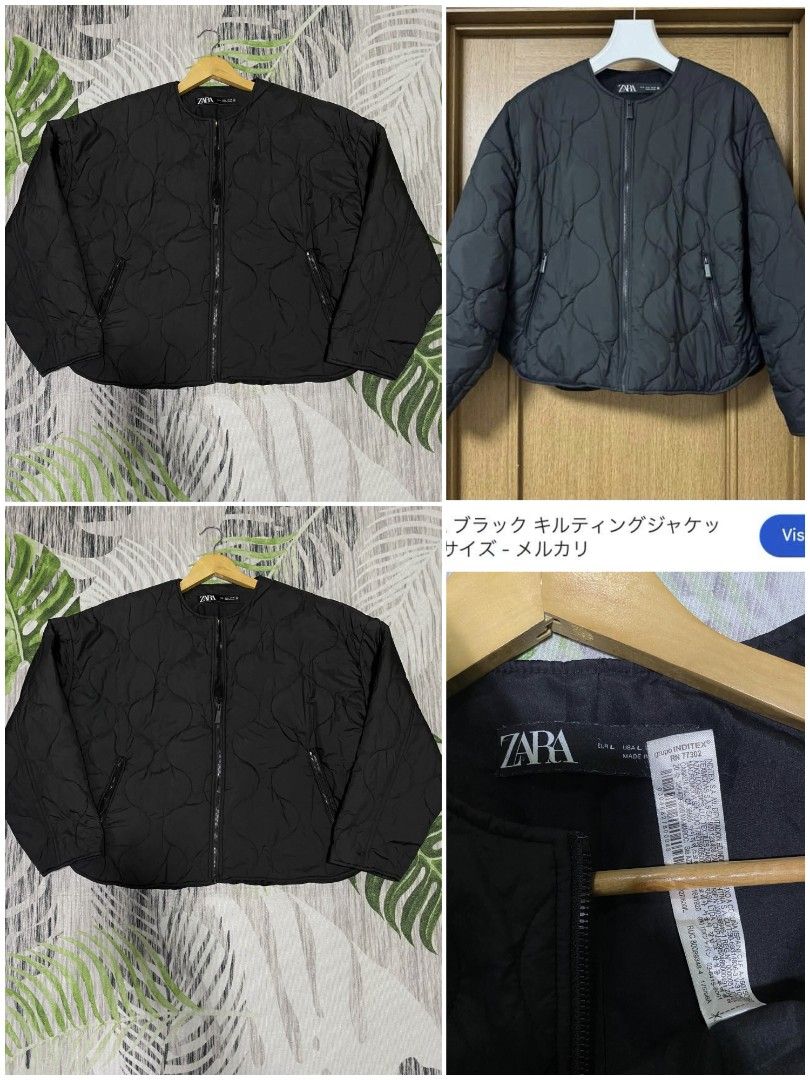 Zara Black Quilted Bomber Jacket (Category: Coats, Jackets and Outerwear) located in Angeles City. Submitted by tapananrin80815 (Listing ID 1464599724, Image 1). Description: - Zara black quilted jacket - Round neckline with zip-up front - Two side zip pockets - Tag indicates size L - Versatile for casual or dressy layering.
