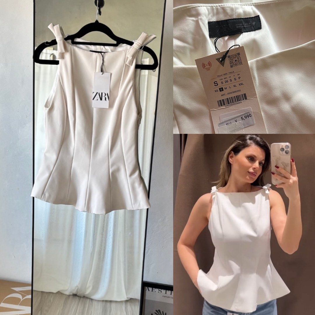 ZARA White Peplum Top with Bows (Category: Blouses) located in Manila. Submitted by ccollection_ (Listing ID 1464620224, Image 1). Description: .