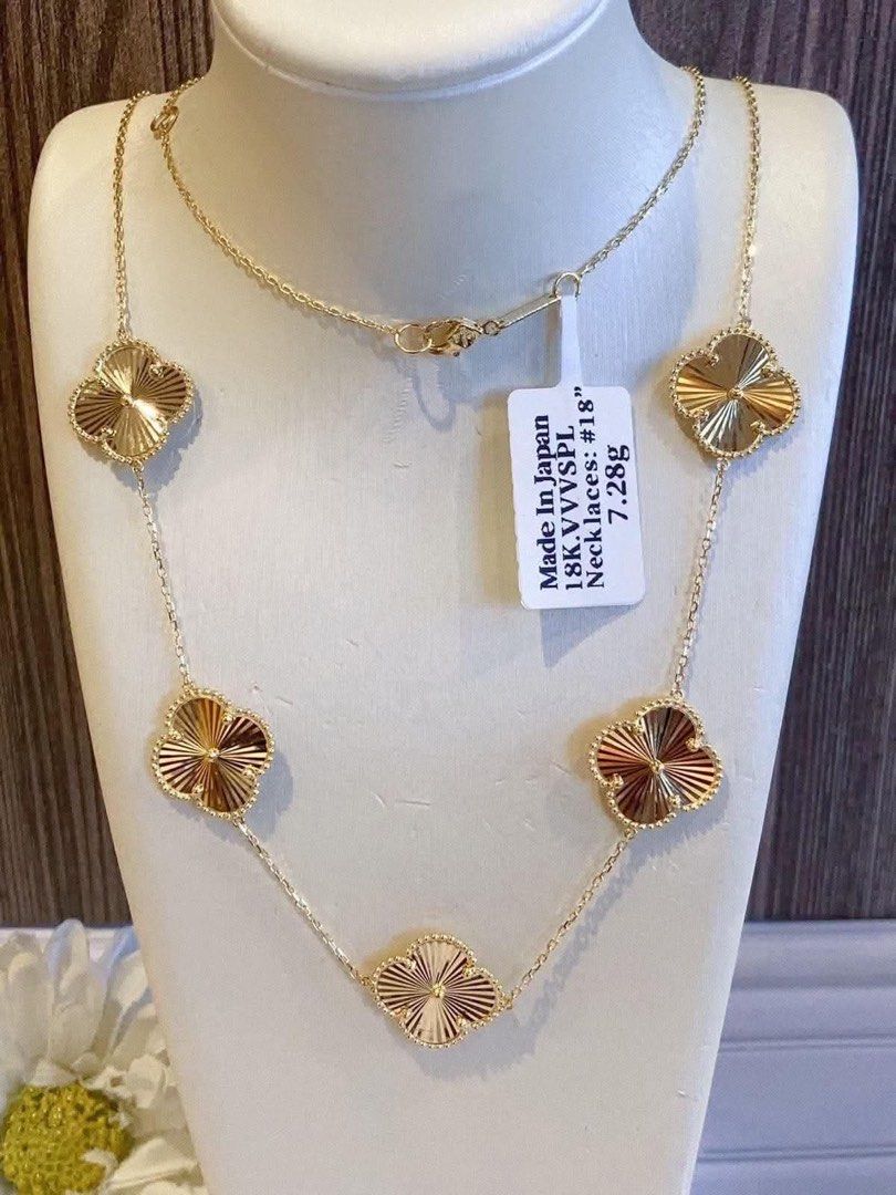 18K Gold VCA Inspired Necklace (Category: Necklaces) located in Daet. Submitted by yourclotheshoppe (Listing ID 1464947030, Image 1). Description: - Material: Authentic 18K yellow gold - Design: 5 clover motifs with textured pattern and shiny finish - Length: 18 inches total - Weight: 7.28 grams - Closure: Secure lobster clasp - Condition: Brand new with original price/specs tag from Japan attached.