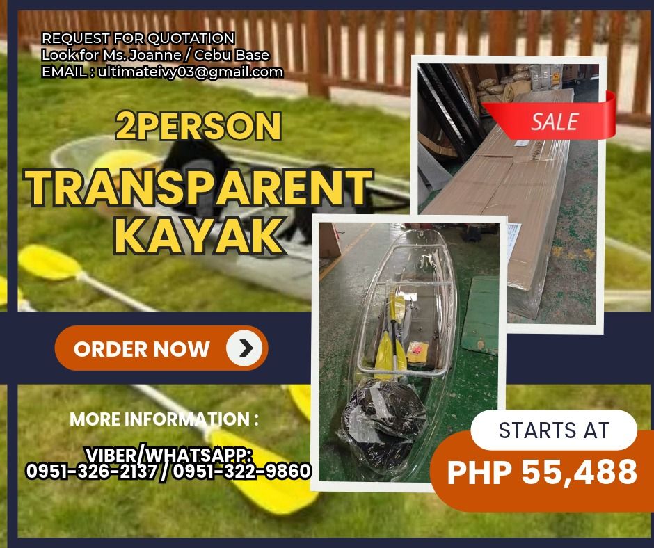 2person (Transparent kayak) (Category: Everything Else Others) located in Caloocan City. Submitted by joanna165_ocean (Listing ID 1464834626, Image 1). Description: Description Material: 6mm polycarbonate PC board material weight:25kg Size: 3.4*0.94*0.37m Accessories paddle*2 Aluminum frame Dual airbags*2 black cloth seat*2 tail rudder ✅ 100% LEGIT TRUSTED SUPPLIER! ✅ With Complete Legal Documents ✅ BIR Registered 📝Please note: Available by PRE-