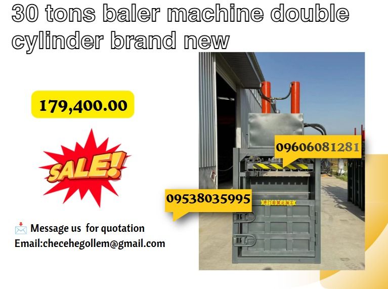 30 tons baler machine double cylinder brand new (Category: Construction Tools & Equipment) located in Caloocan City. Submitted by 09513227950 (Listing ID 1464781648, Image 1). Description: ●ELECTRIC MACHINE: 11KW ●OIL CYLINDER: 115*2 ●OIL PUMP: 532 ●OVERALL DIMENSION: 1700*680*2800 ●PACKING SIZE: 1000*600*800 ●30T double-cylinder: ●Plastic bottles: 40-60kg ●Cartons: 100-150kg/bale .