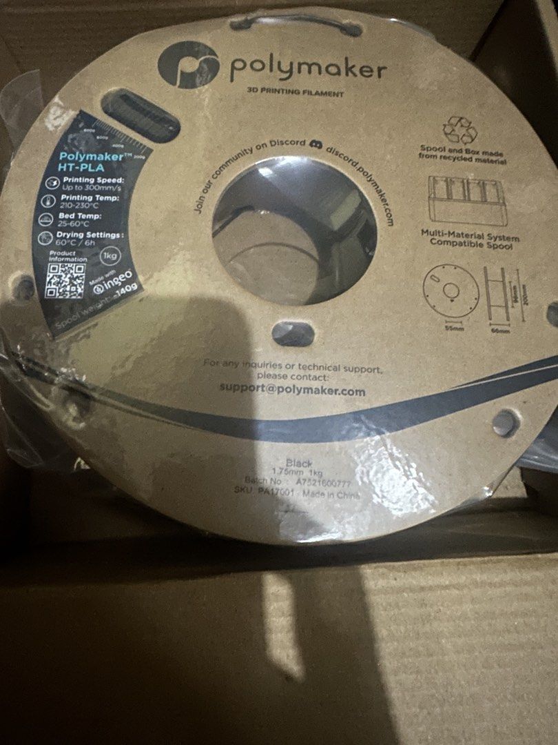 3D printer Polymaker PolyMaker HT-PLA Filament 1.75mm Black 1kg (Category: Printers, Scanners & Copiers) located in Pasay City. Submitted by axccyyy (Listing ID 1464843801, Image 1). Description: - Brand: Polymaker - Material: HT-PLA (High-Temperature PLA) - Color: Black - Diameter: Standard 1.75mm - Weight: 1kg spool - Print Temp: 210-230°C - Bed Temp: 25-60°C - Condition: Brand new, unused, and sealed in original plastic wrapper inside cardboar