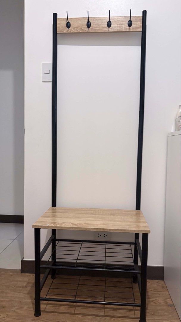 3-Tier Bench, Garment & Shoe Rack with Hooks (Category: Shelves, Cabinets & Racks) located in Santa Rosa. Submitted by ms.addtocart (Listing ID 1464817142, Image 2). Description: - All-in-one design: Coat rack, shoe bench, and storage shelves in one compact unit - Dimensions: 60 cm (W) x 40 cm (D) x 175 cm (H) - Durable black metal frame paired with stylish light wood-tone shelves - 4 sturdy double hooks for jackets, hats, bags, and accessories -