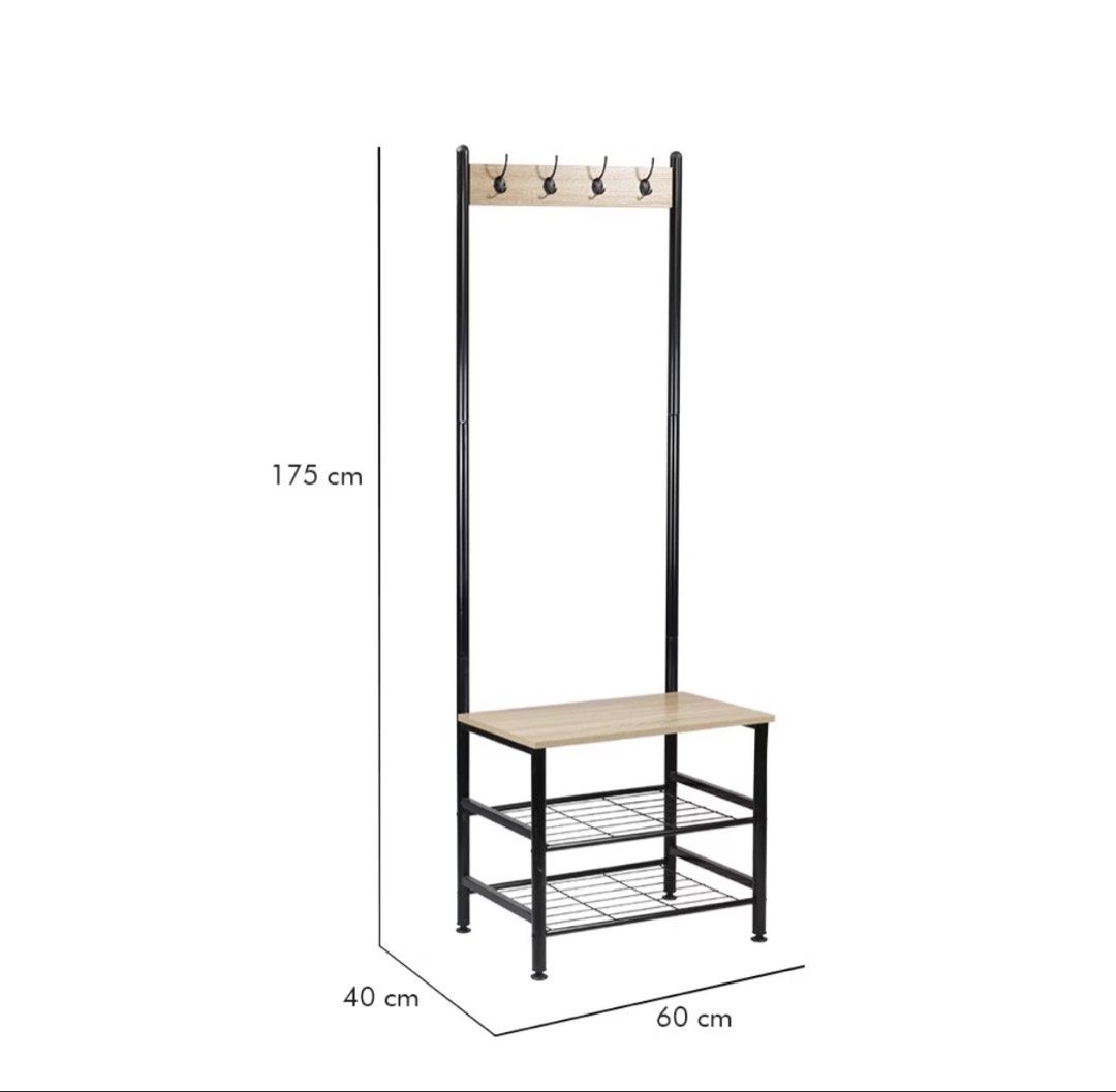 3-Tier Bench, Garment & Shoe Rack with Hooks (Category: Shelves, Cabinets & Racks) located in Santa Rosa. Submitted by ms.addtocart (Listing ID 1464817142, Image 1). Description: - All-in-one design: Coat rack, shoe bench, and storage shelves in one compact unit - Dimensions: 60 cm (W) x 40 cm (D) x 175 cm (H) - Durable black metal frame paired with stylish light wood-tone shelves - 4 sturdy double hooks for jackets, hats, bags, and accessories -
