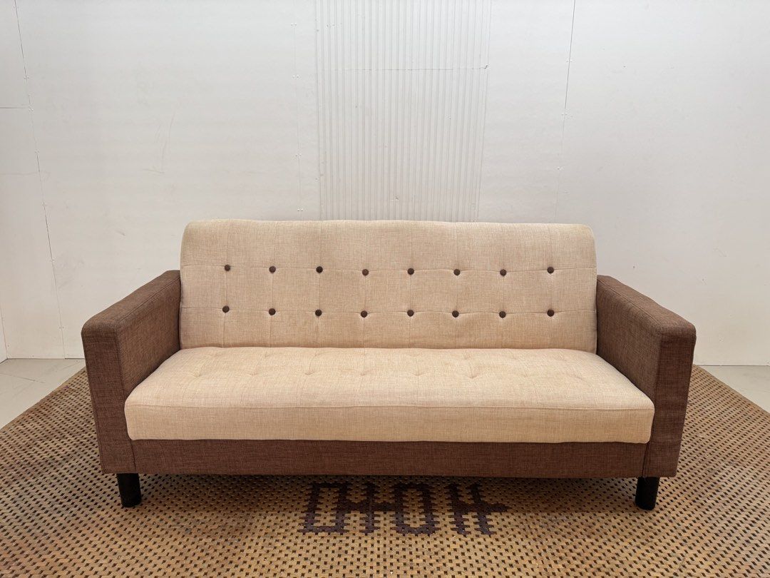 4 seater sofa (Category: Sofas) located in Quezon City. Submitted by matetdevis13 (Listing ID 1464940710, Image 2). Description: Modern 2-Toned 3-4 Seater Fabric Sofa Price: 10,500 L66 x W25.5 x H31/15 In good condition Code JMD37-MJ626.