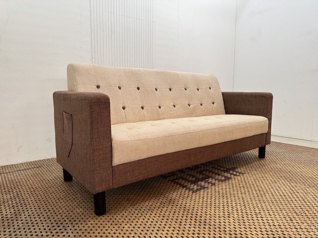 4 seater sofa (Category: Sofas) located in Quezon City. Submitted by matetdevis13 (Listing ID 1464940710, Image 3). Description: Modern 2-Toned 3-4 Seater Fabric Sofa Price: 10,500 L66 x W25.5 x H31/15 In good condition Code JMD37-MJ626.