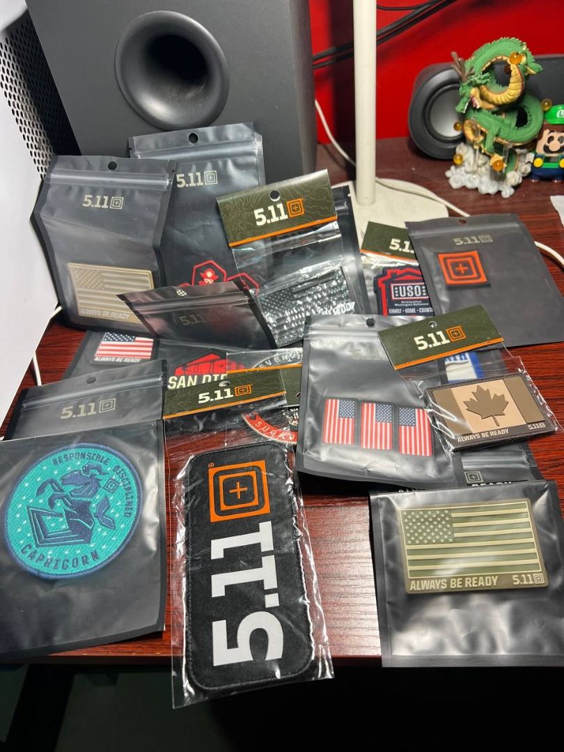 5.11 Tactical Morale Patches SET 14 pcs (Category: Caps & Hats) located in Baguio. Submitted by carlbenta (Listing ID 1464896962, Image 1). Description: - Authentic 5.11 Tactical patches collection - Variety of designs: Logos, US flags (multiple colorways), Capricorn zodiac, and Canadian maple leaf - Condition: Brand new, packed in original individual resealable zip bags - Backing: Hook and loop (Velcro-compatible) - Ideal for: Backpacks, tactica