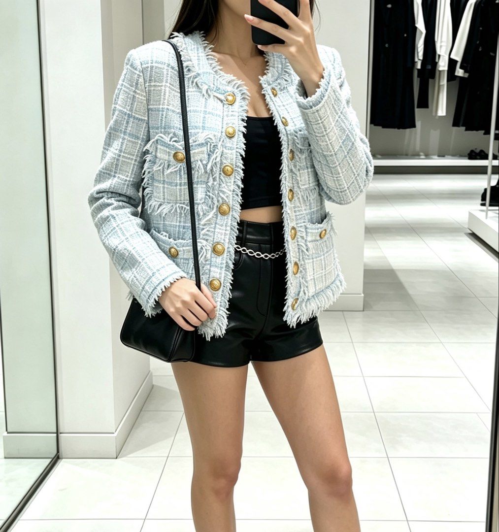 5#85 Balmain Tweed Jacket size M balman (Category: Coats, Jackets and Outerwear) located in Manila. Submitted by richru (Listing ID 1464922181, Image 1). Description: - Authentic Balmain tweed jacket in light blue, pink, and white plaid - Brand new with original hanging tag still attached - Features iconic gold embossed buttons on the front and pockets - Chic frayed raw edges and fully lined in white fabric - Material: Cotton, acrylic, polyamide,