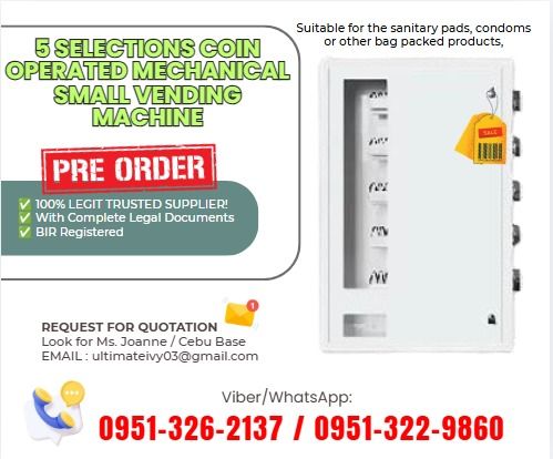 5 Selections Coin Operated Mechanical Small Vending Machine (Category: Other Home Appliances) located in Caloocan City. Submitted by joanna165_ocean (Listing ID 1464850039, Image 1). Description: Wall Mounted Small Vending Machine for Pad Tissue Box in Park/ Shopping Mall /hotel Suitable for the sanitary pads, condoms or other bag packed products, ₱ 33,600 1. Machine Size: 52*80*12.5cm (W*H*D), N.W:20kg, G.W:21kgs 2. Selections: 5types, column le