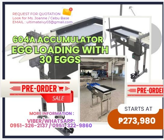 604A Accumulator Egg Loading with 30 Eggs (Category: Everything Else Others) located in Malabon City. Submitted by moannataga43633 (Listing ID 1464834126, Image 1). Description: Product code : 604A Power : 90W, 50Hz Voltage : 220V , single phase Dimension (L*W*H):0.9*0.24*1 M Net weight : 30kg Gross weight :40kg Function : Accumulator FEATURES 1.using 602 vacuum egg lifter to transfer 30 eggs onto 604A accumulator at a time. 2. Through 604A accum