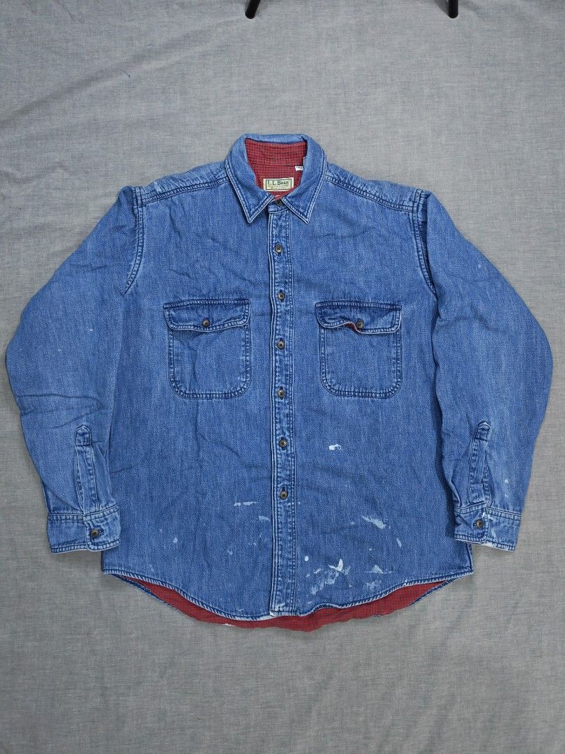 90s ll.bean flannel lined denim work shirt (Category: Tshirts & Polo Shirts ) located in Baguio. Submitted by used_clothing2600 (Listing ID 1464832358, Image 1). Description: 90s LL.bean flannel lined denim work shirt with great honest workwear patina made in USA size medium good condition pit to pit 24 length 29 shoulders 19 sleeve length 24 P 1,380.