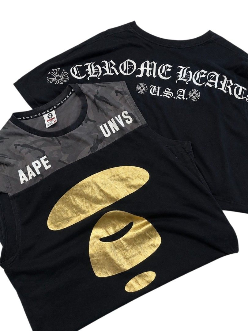 Aape / chrome hearts aspack (Category: Tshirts & Polo Shirts ) located in Naga. Submitted by just_thrift2.0 (Listing ID 1464934575, Image 1). Description: ch 21.5x30 issu: crack p / hole aape 20x33 issue: minor crack print.