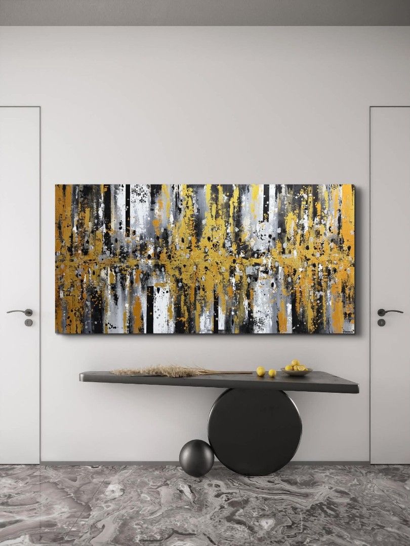 Abstract Painting "Golden Silver Linings" (Category: Art & Prints) located in Quezon City. Submitted by obranitian (Listing ID 1464956257, Image 2). Description: Size: 36 x 72 inches Acrylic paint with varnish finishing On stretched Canvas with plywood backing With COA Ready to Display Pm me for details..
