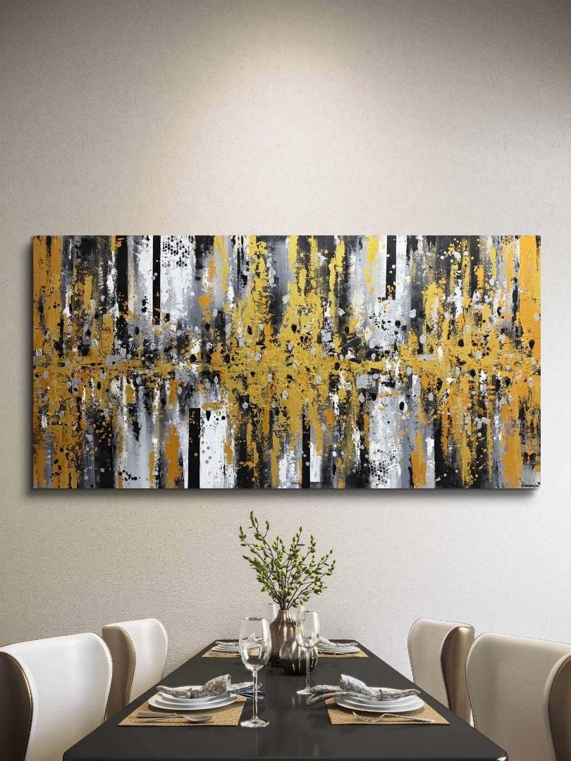 Abstract Painting "Golden Silver Linings" (Category: Art & Prints) located in Quezon City. Submitted by obranitian (Listing ID 1464956257, Image 1). Description: Size: 36 x 72 inches Acrylic paint with varnish finishing On stretched Canvas with plywood backing With COA Ready to Display Pm me for details..