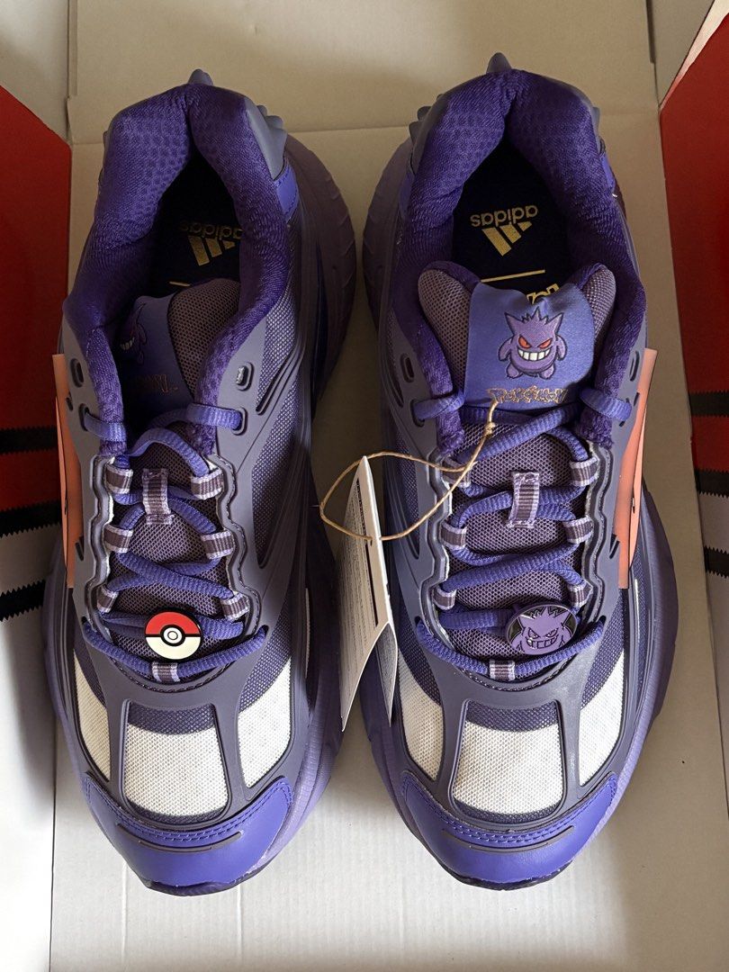 Adidas Pokemon Gengar Sneakers (Category: Sneakers) located in Cebu City. Submitted by romeogolfing (Listing ID 1464799060, Image 3). Description: - Brand: Adidas x Pokémon (Gengar Edition) - Condition: Brand new, unworn with store tags attached - Colorway: Purple with white mesh panels - Size: 27cm Mens - Special Features: Gengar and Pokémon graphic tags on laces and tongue - Packaging: Includes original Pokéball-themed box.