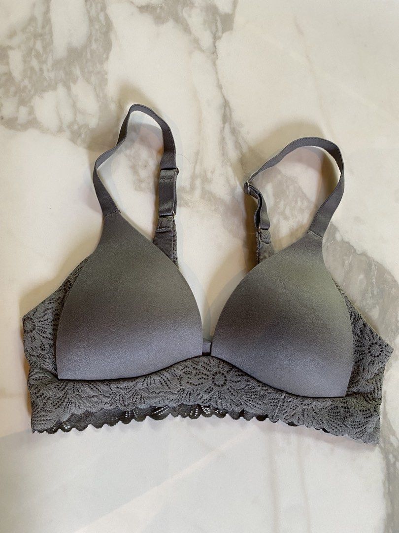 Aerie gray lace bralette size small (Category: Undergarments & Loungewear) located in Makati City. Submitted by indaysukaycloset (Listing ID 1464889612, Image 1). Description: GRAY LACE BRALETTE Brand: Aerie - Real Sunnie Wireless Size: 30B (fits S / Small B cup) Color: Steel Gray Details: - Wireless - no underwire, super comfy for everyday - Lightly padded / molded cups - Wide lace band with floral cutout + scalloped hem - Adjustable straps - Ma