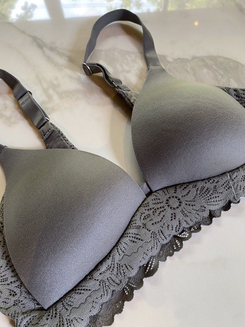 Aerie gray lace bralette size small (Category: Undergarments & Loungewear) located in Makati City. Submitted by indaysukaycloset (Listing ID 1464889612, Image 2). Description: GRAY LACE BRALETTE Brand: Aerie - Real Sunnie Wireless Size: 30B (fits S / Small B cup) Color: Steel Gray Details: - Wireless - no underwire, super comfy for everyday - Lightly padded / molded cups - Wide lace band with floral cutout + scalloped hem - Adjustable straps - Ma