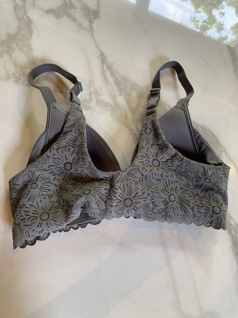 Aerie gray lace bralette size small (Category: Undergarments & Loungewear) located in Makati City. Submitted by indaysukaycloset (Listing ID 1464889612, Image 3). Description: GRAY LACE BRALETTE Brand: Aerie - Real Sunnie Wireless Size: 30B (fits S / Small B cup) Color: Steel Gray Details: - Wireless - no underwire, super comfy for everyday - Lightly padded / molded cups - Wide lace band with floral cutout + scalloped hem - Adjustable straps - Ma