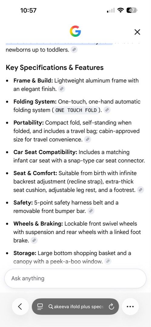 Akeeva iFold Plus Travel Stroller & Car Seat (Category: Strollers) located in Makati City. Submitted by piwipple (Listing ID 1464833033, Image 3). Description: - Item: Akeeva iFold Plus Travel Stroller with Matching Infant Car Seat - Color: Dark Grey - Condition: Like new, used for only a few months with zero issues and spotless. Car seat is 100% brand new and never used! - Key Features: One-touch automatic fold, lightweight aluminum frame, and c