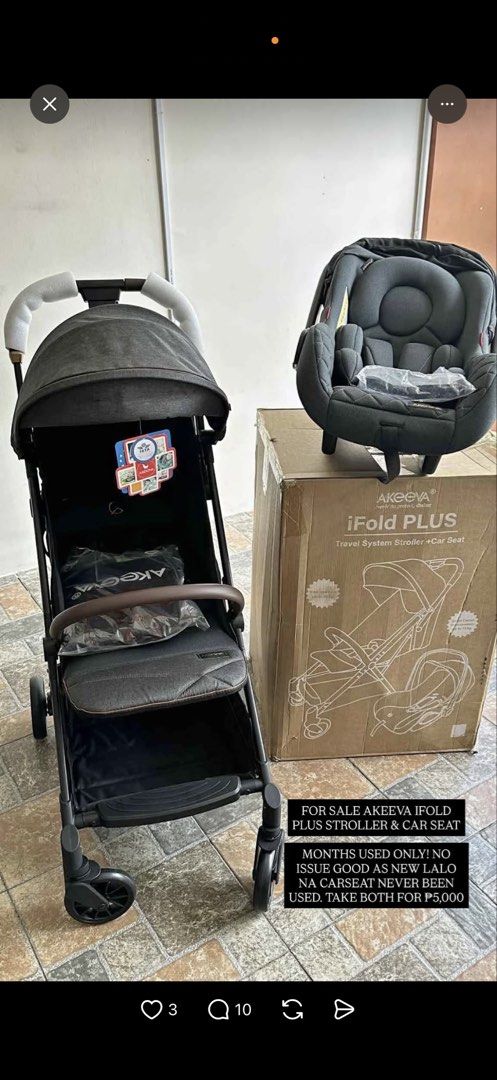 Akeeva iFold Plus Travel Stroller & Car Seat (Category: Strollers) located in Makati City. Submitted by piwipple (Listing ID 1464833033, Image 1). Description: - Item: Akeeva iFold Plus Travel Stroller with Matching Infant Car Seat - Color: Dark Grey - Condition: Like new, used for only a few months with zero issues and spotless. Car seat is 100% brand new and never used! - Key Features: One-touch automatic fold, lightweight aluminum frame, and c