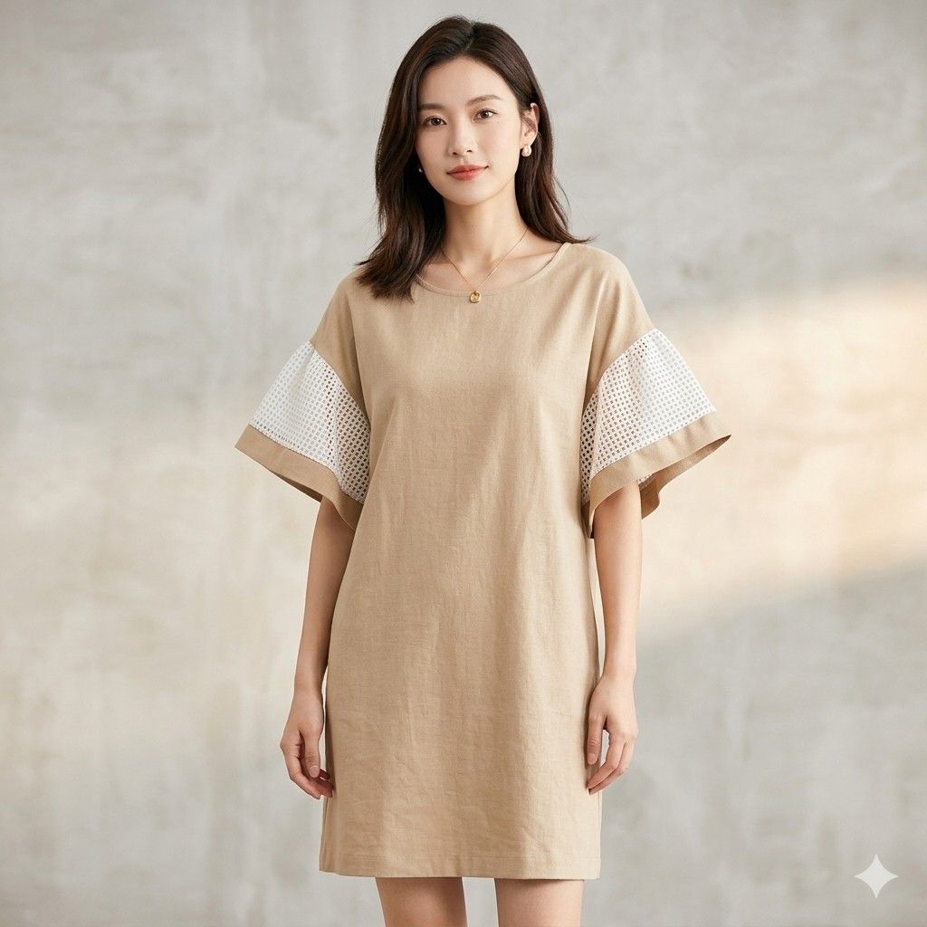 Alamode Studio Beige Dress Size 77 (Large) (Category: Dresses) located in Pasig City. Submitted by kat_grande (Listing ID 1464921686, Image 1). Description: - Brand: Alamode Studio - Size: 77 - Large to Extra Large Bust 47 inches Length 34 inches - Color: Beige - Fit: Loose, boxy slip-on style - Neckline: Round neckline - Details: Short sleeves with unique white grid mesh panels on both sides - Condition: Excellent.