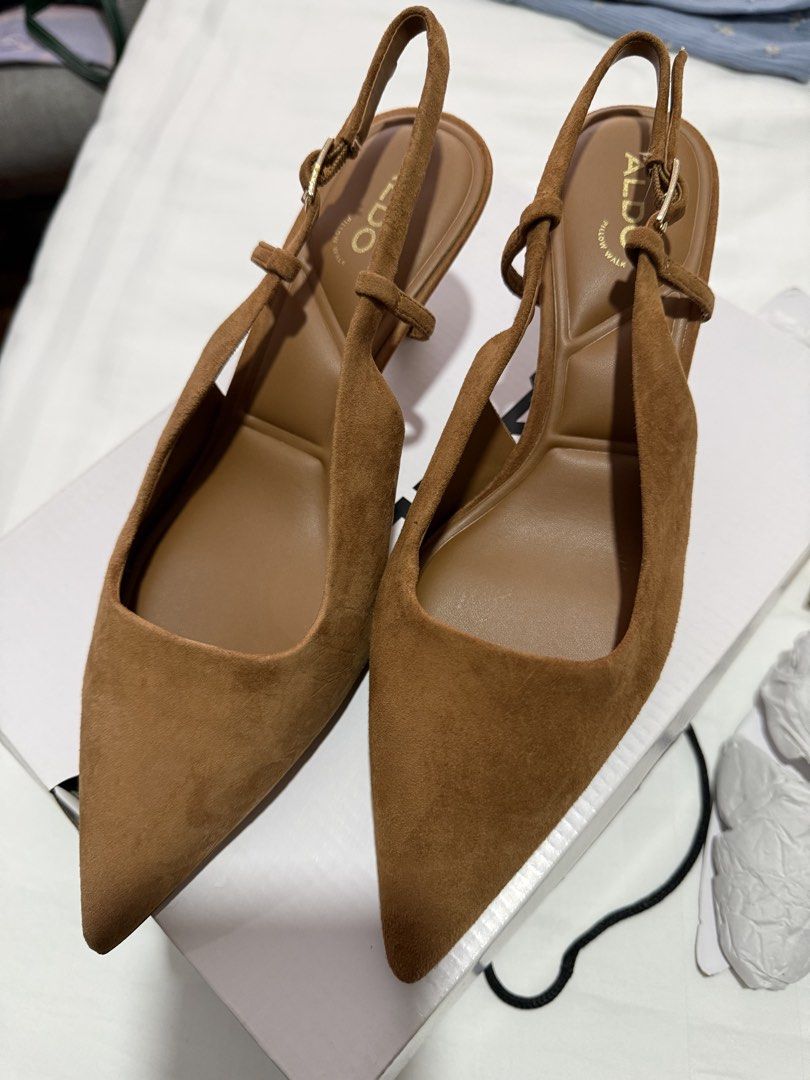 Aldo ADAN Suede Slingback Heels Light Brown (Category: Heels) located in Quezon City. Submitted by jessyda (Listing ID 1464826894, Image 1). Description: - Brand: Aldo - Style: Slingback heels with pointed toe and kitten heel - Color: Light brown - Material: Suede finish upper - Size: US 7.5 / EUR 38 / UK 5 - Condition: Like new, only used once for an event - Inclusions: Original box and tag included RFS: Decluttering.
