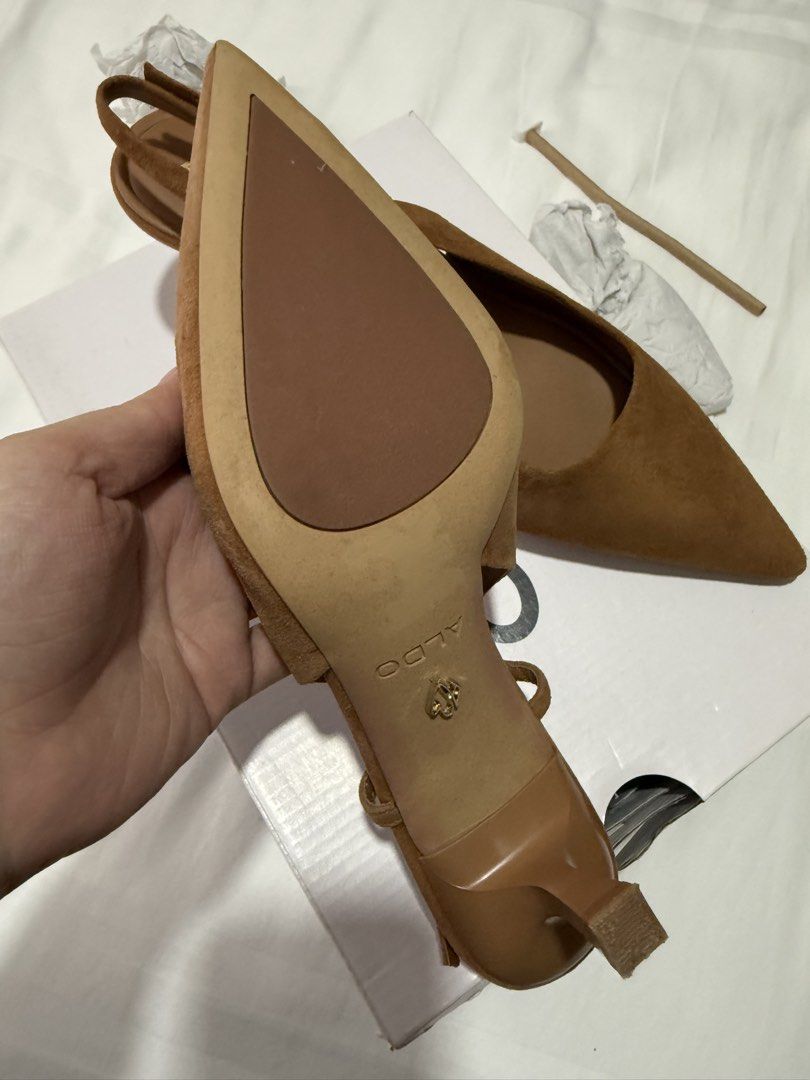 Aldo ADAN Suede Slingback Heels Light Brown (Category: Heels) located in Quezon City. Submitted by jessyda (Listing ID 1464826894, Image 3). Description: - Brand: Aldo - Style: Slingback heels with pointed toe and kitten heel - Color: Light brown - Material: Suede finish upper - Size: US 7.5 / EUR 38 / UK 5 - Condition: Like new, only used once for an event - Inclusions: Original box and tag included RFS: Decluttering.