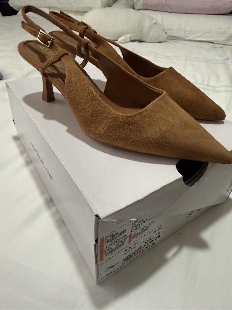 Aldo ADAN Suede Slingback Heels Light Brown (Category: Heels) located in Quezon City. Submitted by jessyda (Listing ID 1464826894, Image 2). Description: - Brand: Aldo - Style: Slingback heels with pointed toe and kitten heel - Color: Light brown - Material: Suede finish upper - Size: US 7.5 / EUR 38 / UK 5 - Condition: Like new, only used once for an event - Inclusions: Original box and tag included RFS: Decluttering.