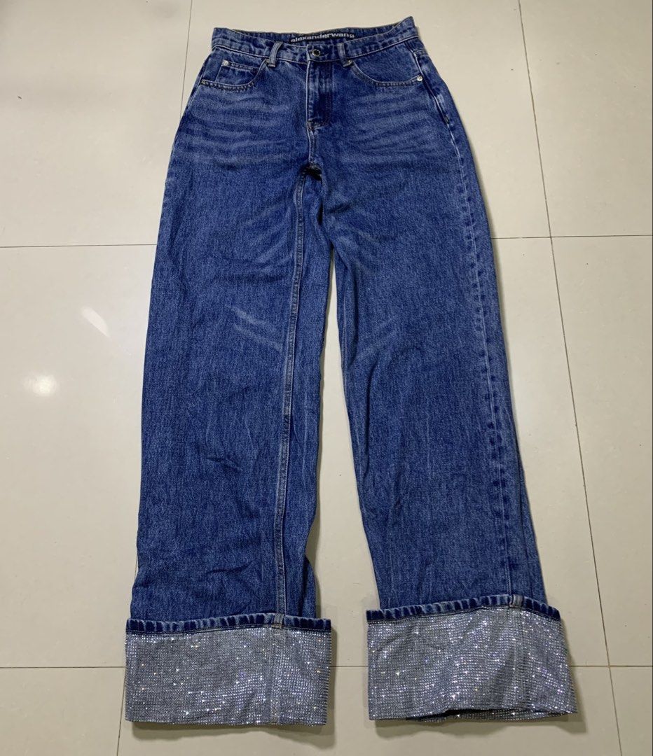Alexander Wang Blue Crystal Cuff Straight Jeans (Category: Luxury Apparel) located in Molave. Submitted by mysticbird_38213e (Listing ID 1464886906, Image 1). Description: Good as new No issue Sobrang ganda po sa personal Complete tags YKK zipper 28 on tag In measurement size 29 - 30.
