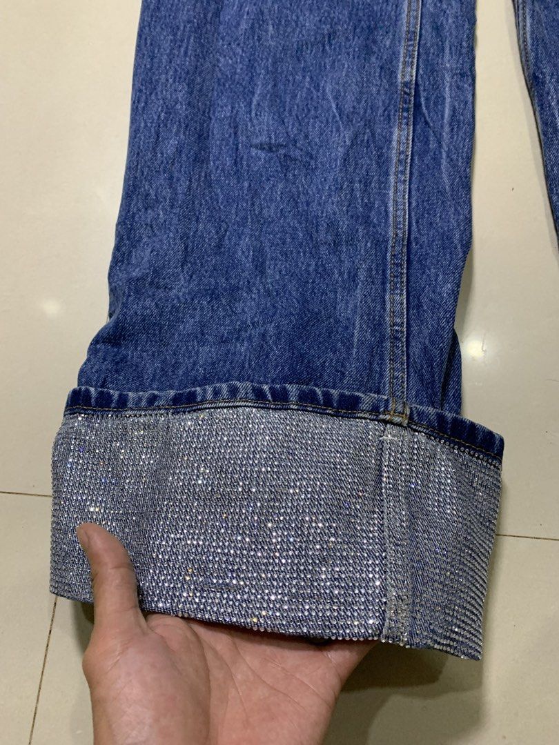 Alexander Wang Blue Crystal Cuff Straight Jeans (Category: Luxury Apparel) located in Molave. Submitted by mysticbird_38213e (Listing ID 1464886906, Image 3). Description: Good as new No issue Sobrang ganda po sa personal Complete tags YKK zipper 28 on tag In measurement size 29 - 30.