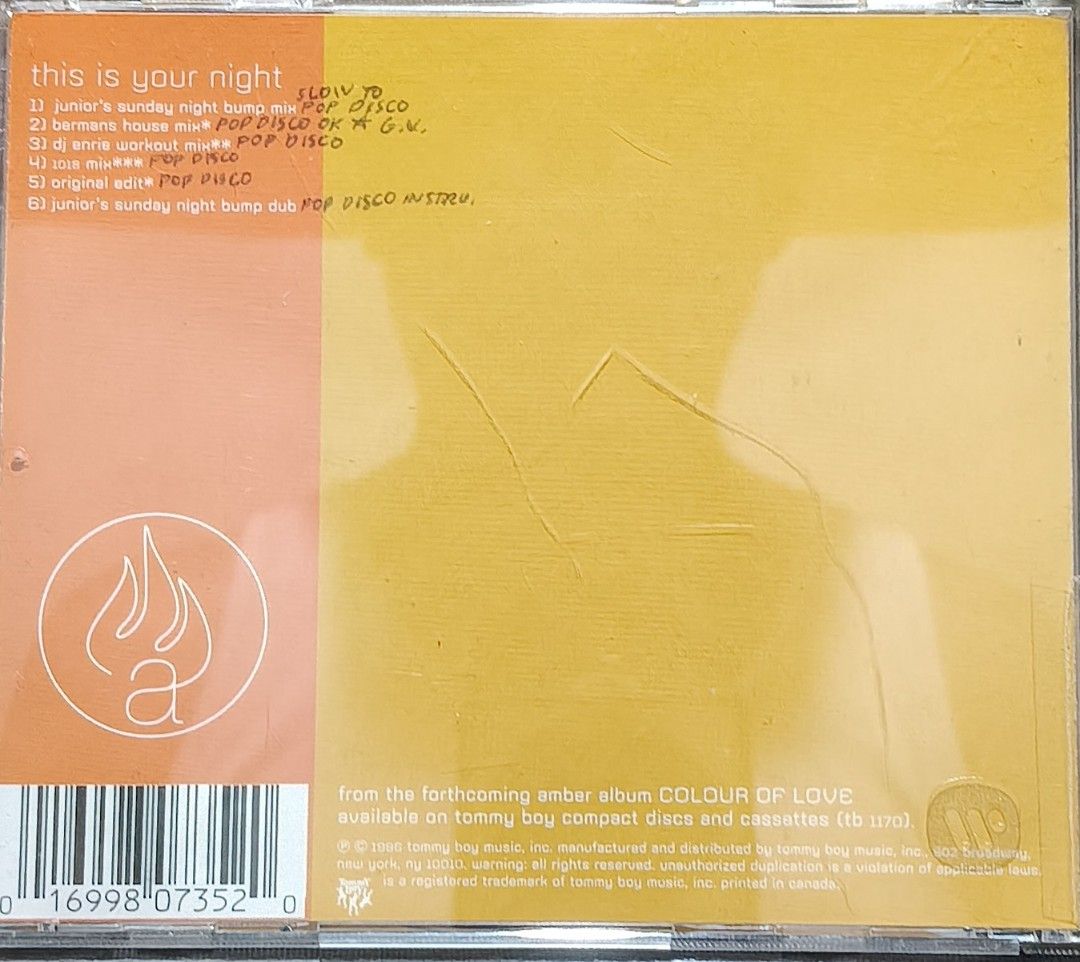 Amber This Is Your Night CD Single Remixes (Category: CDs & DVDs) located in Manila. Submitted by ruelcabrer77078 (Listing ID 1464819116, Image 3). Description: - Artist & Title: Amber - This Is Your Night CD Single - Label & Year: Tommy Boy Music, 1996 - Packaging: Standard jewel case - Mixes included: Junior's Sunday Night Bump Mix, Bermans House Mix, and DJ Enrie Workout Mix - Condition: Great find for 90s dance music collectors.