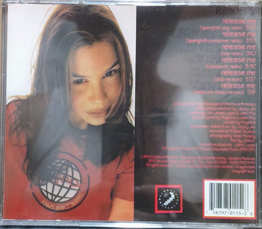 Angelina Release Me CD Album (Category: CDs & DVDs) located in Manila. Submitted by ruelcabrer77078 (Listing ID 1464819597, Image 3). Description: - Artist & Title: Angelina - Release Me Audio CD - Label & Year: Upstairs Records, 1996 - Tracklist: Includes Spanglish pop radio, Spanglish crossover, pop radio, crossover radio, dub version, and radio mix show versions - Condition/Inclusions: Standard jewel case with front cover insert, back inlay ca