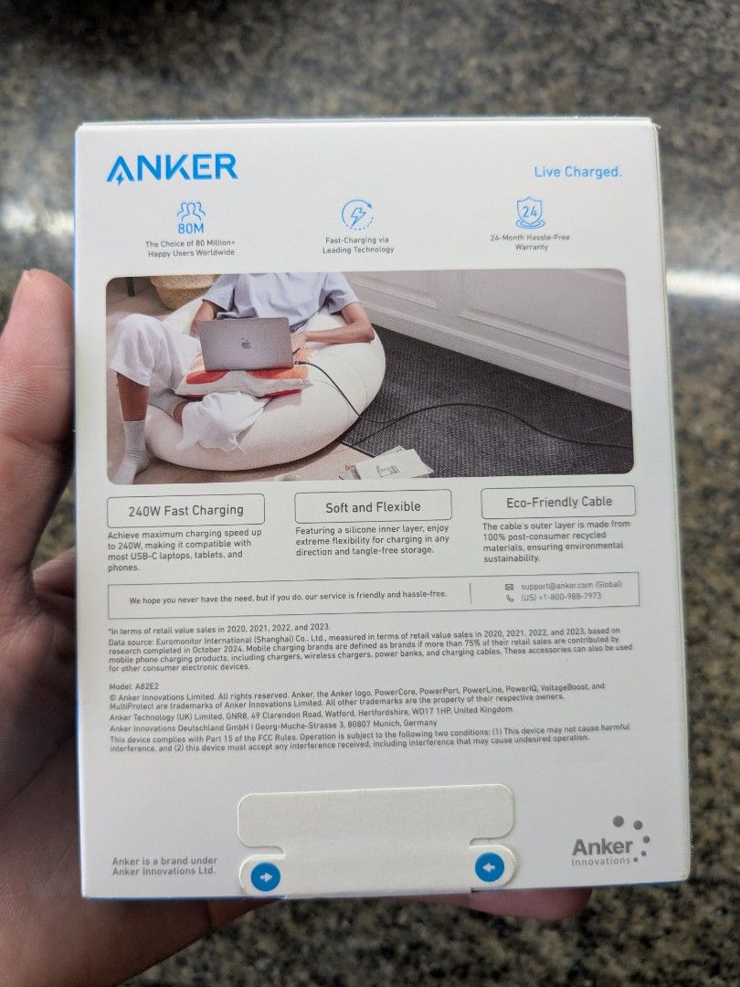 Anker USB-C Type-C 240W Nylon Cable 6ft/1.8m (Category: Cables & Adaptors) located in Quezon City. Submitted by joewack (Listing ID 1464877871, Image 3). Description: Anker USB-C Type-C 240W Nylon Cable 6ft/1.8m original brand new sealed loc Quezon City shipping Lalamove Grab cod/Gcash/Maya.