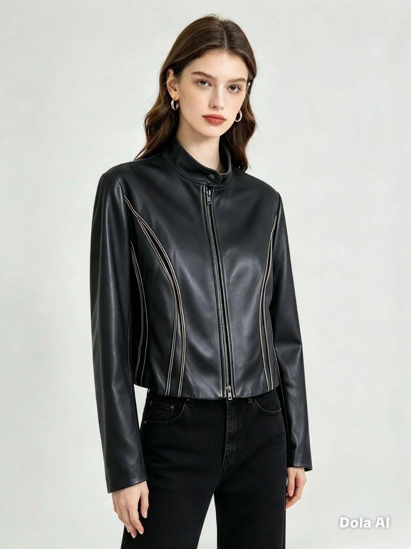 Leather Jacket (Category: Coats, Jackets and Outerwear) located in Caloocan City. Submitted by mylove326 (Listing ID 1464922187, Image 1). Description: - Brand: Anne Klein -100% genuine leather amoy leather talaga - Color: Black - Size: 4 (tag attached) - Style: Mandarin collar, zip-up front, and unique paneled design - Condition: Shows some normal wear around the collar and edges - Perfect for a classy, edgy look! Sira zipper.. Need din recolor 