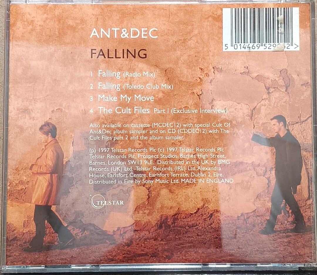 Ant & Dec Falling Limited Edition 4 Track CD (Category: CDs & DVDs) located in Manila. Submitted by ruelcabrer77078 (Listing ID 1464817378, Image 3). Description: - Artist/Title: Ant & Dec - Falling CD Single - Release Year: 1997 (Telstar Records) - Edition: Limited edition 4-track release - Tracklist: Falling Radio Mix, Toledo Club Mix, Make My Move, and The Cult Files Part 1 (Exclusive Interview) - Packaging: Standard jewel case with original i