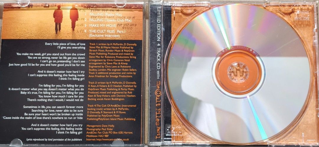 Ant & Dec Falling Limited Edition 4 Track CD (Category: CDs & DVDs) located in Manila. Submitted by ruelcabrer77078 (Listing ID 1464817378, Image 2). Description: - Artist/Title: Ant & Dec - Falling CD Single - Release Year: 1997 (Telstar Records) - Edition: Limited edition 4-track release - Tracklist: Falling Radio Mix, Toledo Club Mix, Make My Move, and The Cult Files Part 1 (Exclusive Interview) - Packaging: Standard jewel case with original i