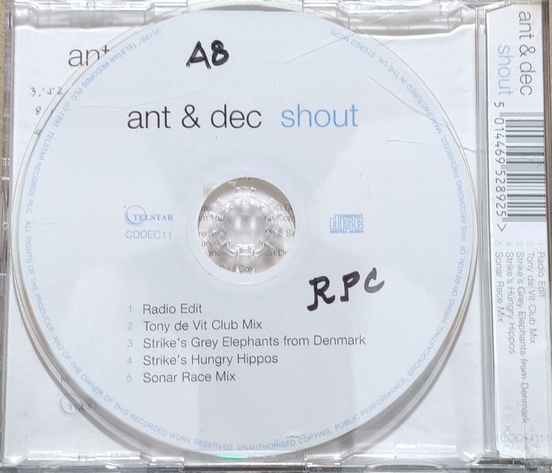 Ant & Dec Shout CD single (Category: CDs & DVDs) located in Manila. Submitted by ruelcabrer77078 (Listing ID 1464817932, Image 3). Description: - Artist & Title: Ant & Dec - Shout CD Single - Release Year: 1997 (Telstar Records, Made in England) - Packaging: Standard jewel case with front insert and back inlay - Tracklist (5 tracks): Radio Edit, Tony de Vit Club Mix, Strike's Grey Elephants from Denmark, Strike's Hungry Hippos, Sonar Race Mix - C