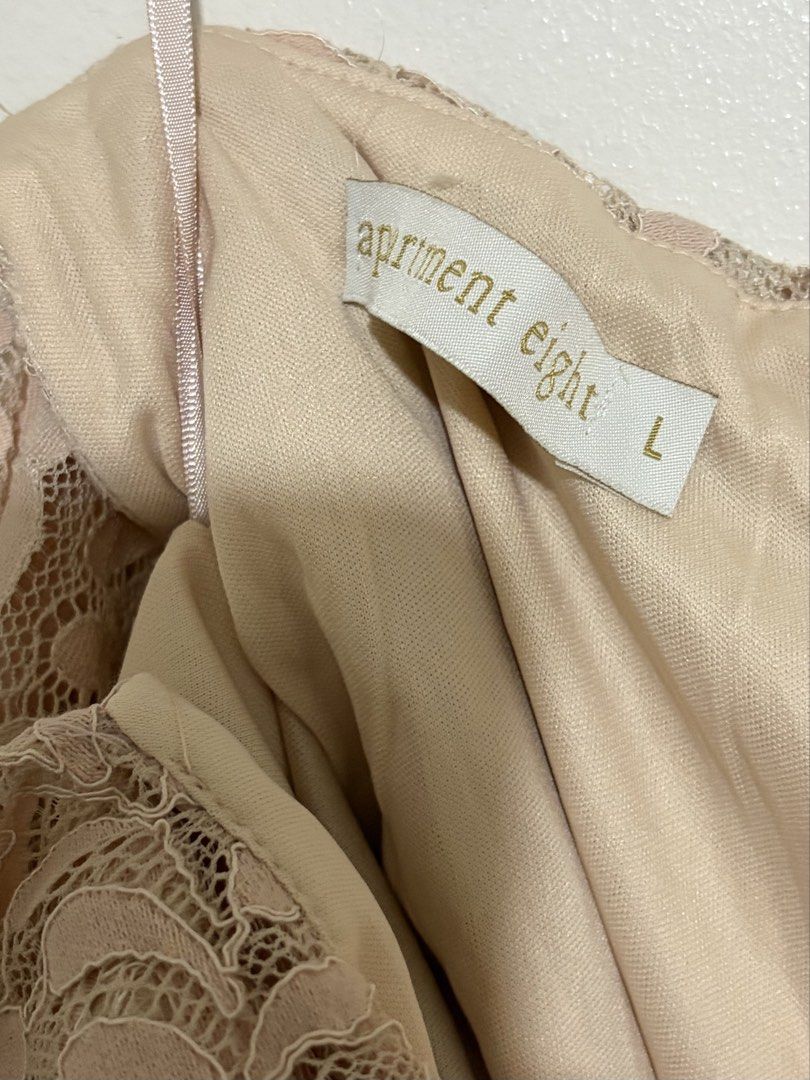 Apartment Eight Lace Dress (Category: Dresses) located in Cainta. Submitted by knarv__ (Listing ID 1464881350, Image 2). Description: Gorgeous Apartment Eight nude pink dress in size L. Features a delicate floral lace overlay, full lining, and thin spaghetti straps. Worn only once and in excellent, clean condition—perfect for weddings and formal events..