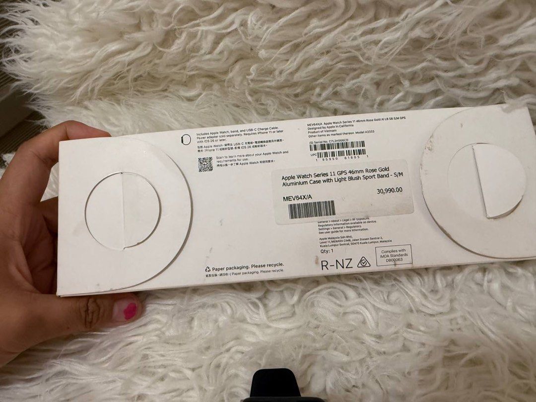 Apple Watch Series 11 (Category: Wearables & Smart Watches) located in Taguig. Submitted by sweetayeh (Listing ID 1464836176, Image 3). Description: Apple Watch Series 11 (GPS) Rosegold Battery health still at 100% Under warranty Bought in Beyond the Box **Complete with box, original charger and original strap + extra straps No issues damage Meet ups in BGC Taguig See less.
