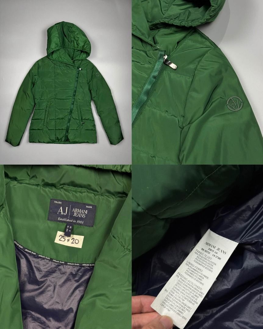 Armani Jeans Green Puffer Jacket With Hood (Category: Coats, Jackets and Outerwear) located in Baguio. Submitted by binibibi (Listing ID 1464772352, Image 1). Description: ARMANI EXHANGE PUFFER JACKET (EXCELLENT CONDITION) SIZE: 40 FITS MEDIUM (25L X 20W) - Brand: Armani Jeans - Color: Green with dark navy lining - Size: US 4 / EU 38 / UK 10 (Medium fit) - Filling: Warm down and feather padding - Details: Asymmetric front zip, attached hood, and 