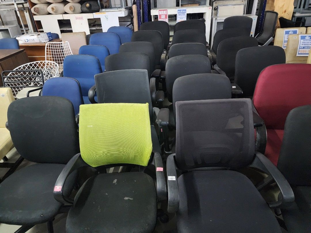 Assorted Office Chairs Mesh and Fabric Various Colors Available (Category: Office Furniture & Fixtures) located in Cainta. Submitted by christine07. (Listing ID 1464770106, Image 1). Description: - Variety of colors: Black mesh, bright green, blue, and red - Features: Rolling caster base and adjustable height mechanism - Condition: Minor dust and scuffs from warehouse storage - Ideal for: Home offices, workspaces, or study rooms - Available for i