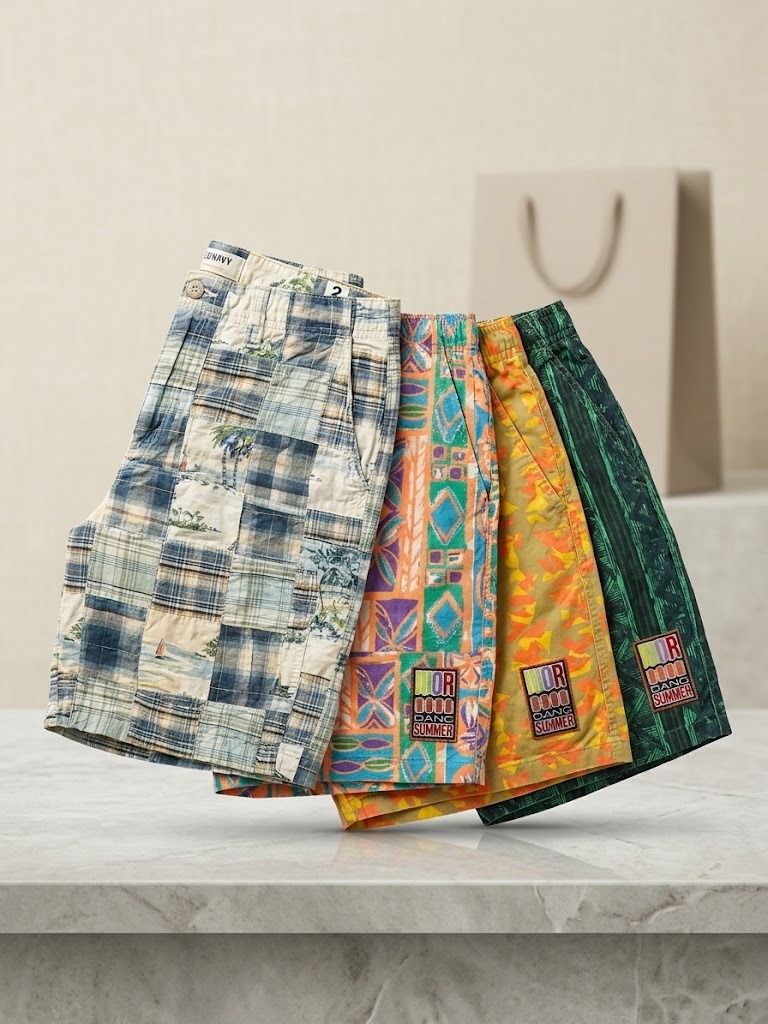 Assorted Patterned Summer Shorts Bundle (Category: Shorts) located in Mandaue City. Submitted by isabelle915 (Listing ID 1464820970, Image 1). Description: - Set of 4 casual summer shorts in vibrant patterns - Includes blue patchwork style with palm trees/sailboats and 3 colorful patterned options - Features hem logo patches for a stylish touch - Adjustable drawstrings or elastic waistbands for a custom fit - Lightweight, breathable fabric design