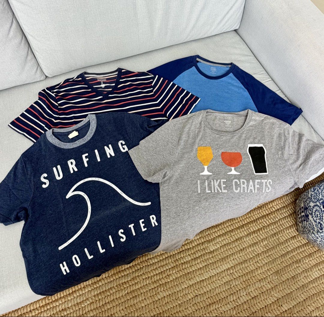 Assorted T-shirts Bundle - Sizes S & M (Category: Tshirts & Polo Shirts ) located in Lipa City. Submitted by pauline0303 (Listing ID 1464771963, Image 1). Description: - Bundle of 4 assorted t-shirts - Includes: Navy blue Hollister graphic tee, Grey 'I Like Crafts' tee, Striped v-neck tee, Blue raglan tee - Sizes: Small and Medium - Ideal for everyday casual wear.