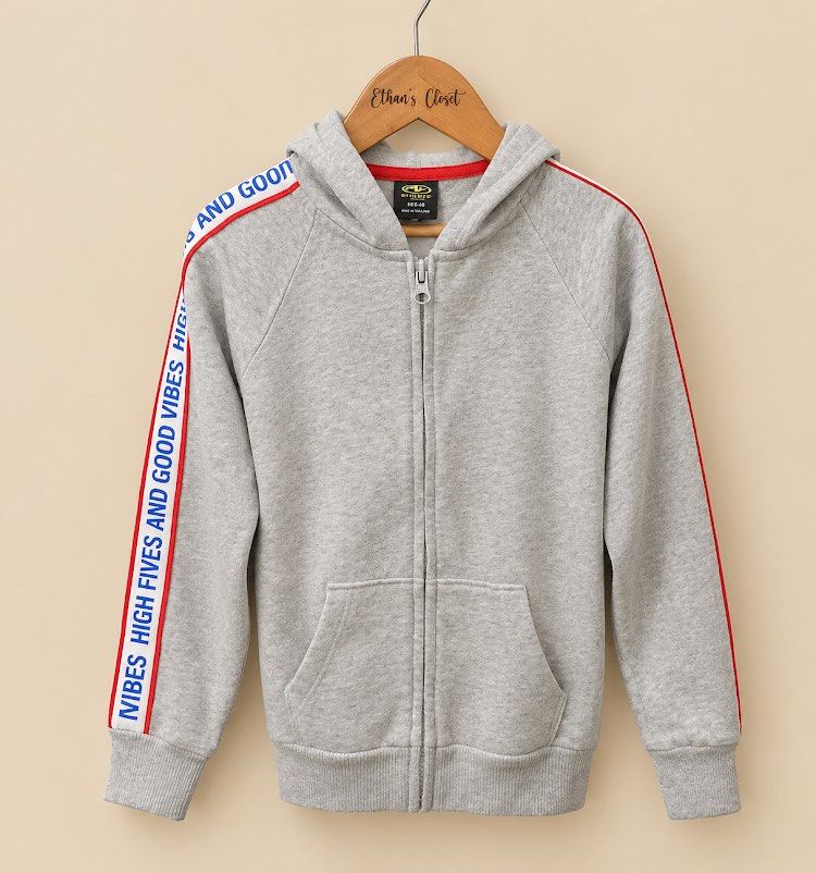 ‎Athletic Works Grey Zip-Up Hoodie (Category: Babies & Kids Fashion) located in Cavite. Submitted by rareclothing.ph (Listing ID 1464877529, Image 1). Description: ‎Athletic Works Grey Zip-Up Hoodie with "High Fives and Good Vibes" Sleeve Detail ‎- Grey zip-up hoodie from Athletic Works ‎- Red trim detail on hood and sleeves ‎- "HIGH FIVES AND GOOD VIBES" printed on left sleeve in blue and white ‎- Convenient front pocket ‎- Ideal for everyday, c