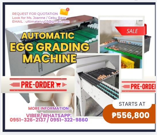 Automatic Egg grading machine (4000pcs/h) carbon steel type (Category: Industrial Equipment) located in Caloocan City. Submitted by vedadacian34812 (Listing ID 1464834391, Image 1). Description: Model HY-J2 Capacity 4000pcs/h Material Carbon steel Precision ±0.5g Grade 7 Power 200W Voltage 220V Length* Width* Height 1438*1320*980(mm) Gross Weight 200KG Net Weight 160KG Function Grading eggs by weight ✅ 100% LEGIT TRUSTED SUPPLIER! ✅ With Complete
