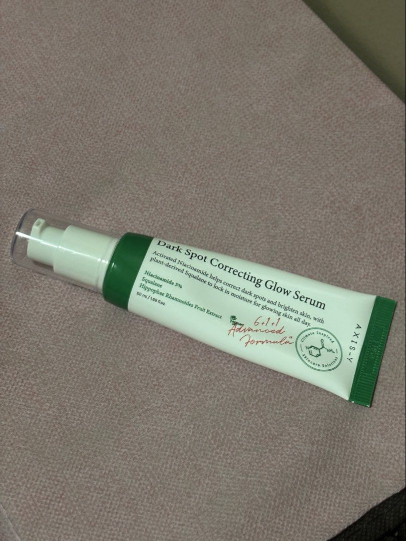 AXIS-Y Dark Spot Correcting Glow Serum 50ml (Category: Face Care) located in Lipa City. Submitted by madmaxxene (Listing ID 1464902143, Image 1). Description: Still has around 70-80% of product Used hygienically due to squeeze tube and pump type of packaging No box RFS: Not for my skin type.