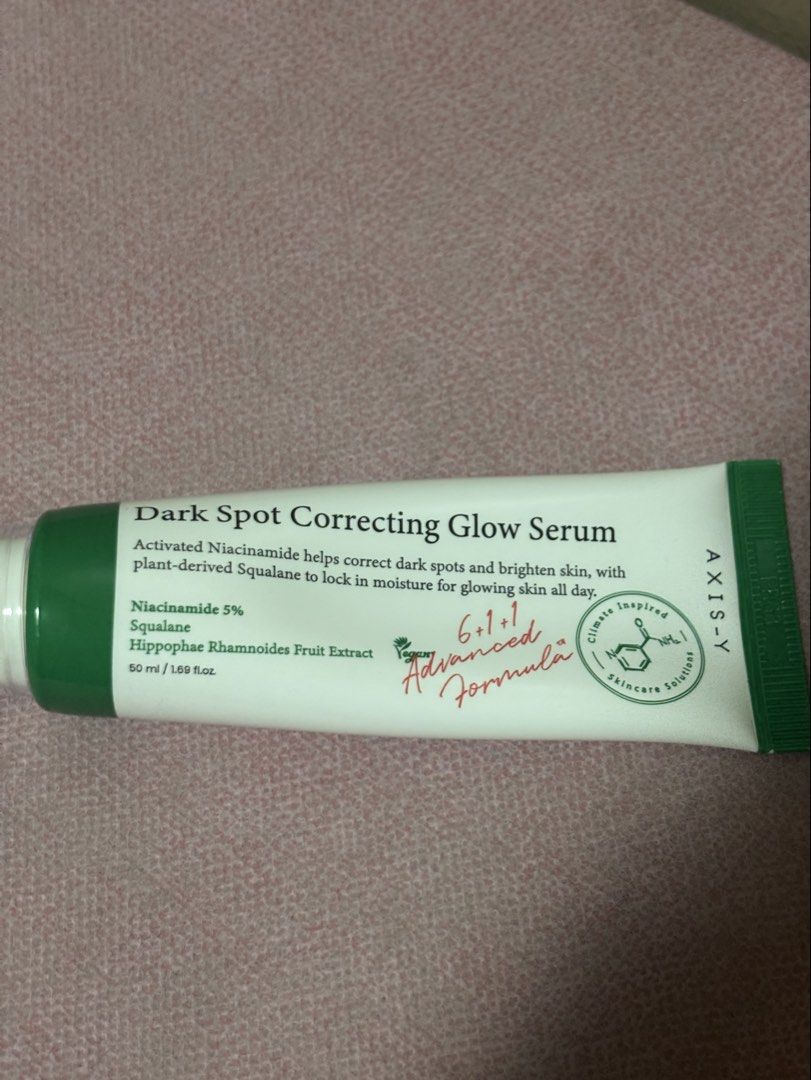 AXIS-Y Dark Spot Correcting Glow Serum 50ml (Category: Face Care) located in Lipa City. Submitted by madmaxxene (Listing ID 1464902143, Image 2). Description: Still has around 70-80% of product Used hygienically due to squeeze tube and pump type of packaging No box RFS: Not for my skin type.