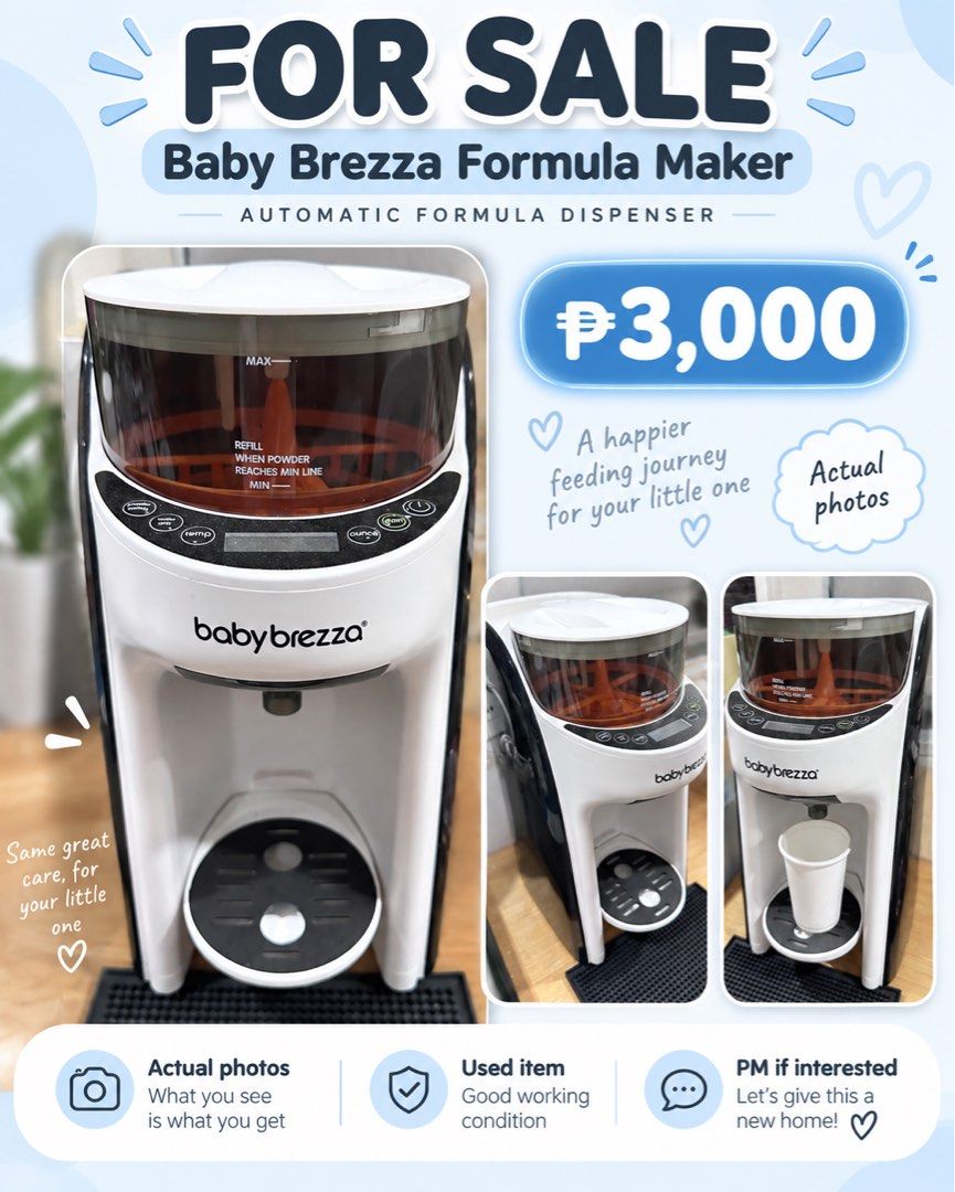 Baby Brezza Formula Maker Automatic Formula Dispenser (Category: Breastfeeding & Bottle Feeding) located in Paranaque City. Submitted by aliceintreasureland (Listing ID 1464824653, Image 1). Description: - Item: Baby Brezza Automatic Formula Dispenser - Color: White and black with transparent powder container - Condition: Works perfectly (actual photos posted) - Flaw: No hot temp - Benefit: Super time-saver for quick and easy bottle mixing - Send
